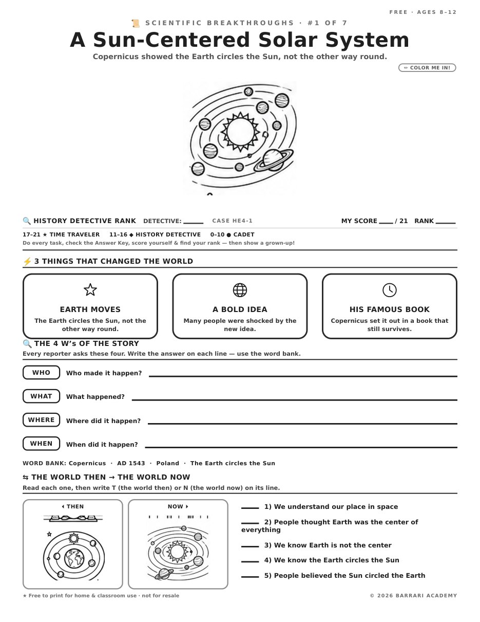 The free A Sun-Centered Solar System worksheet — fun facts and activities