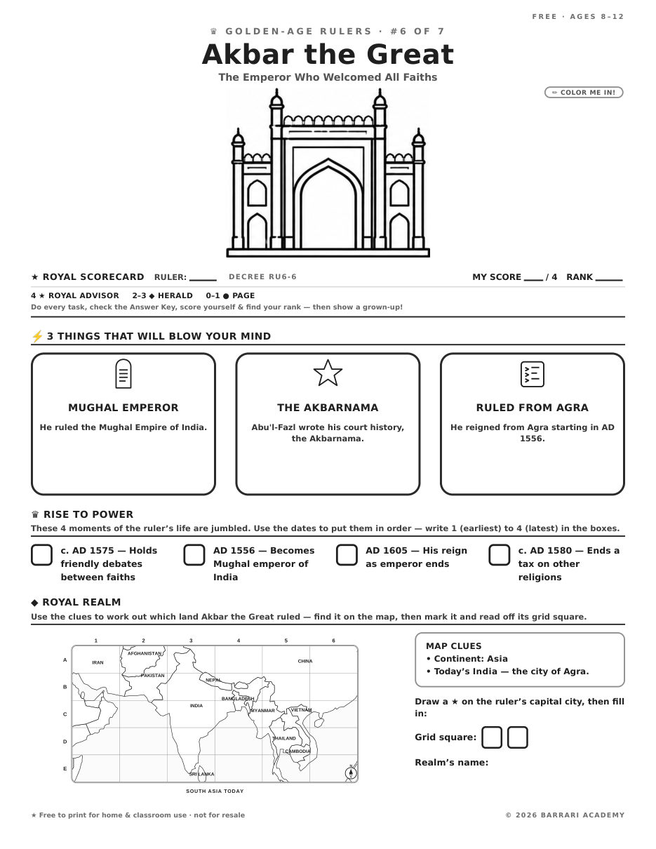 The free Akbar the Great worksheet — fun facts and activities