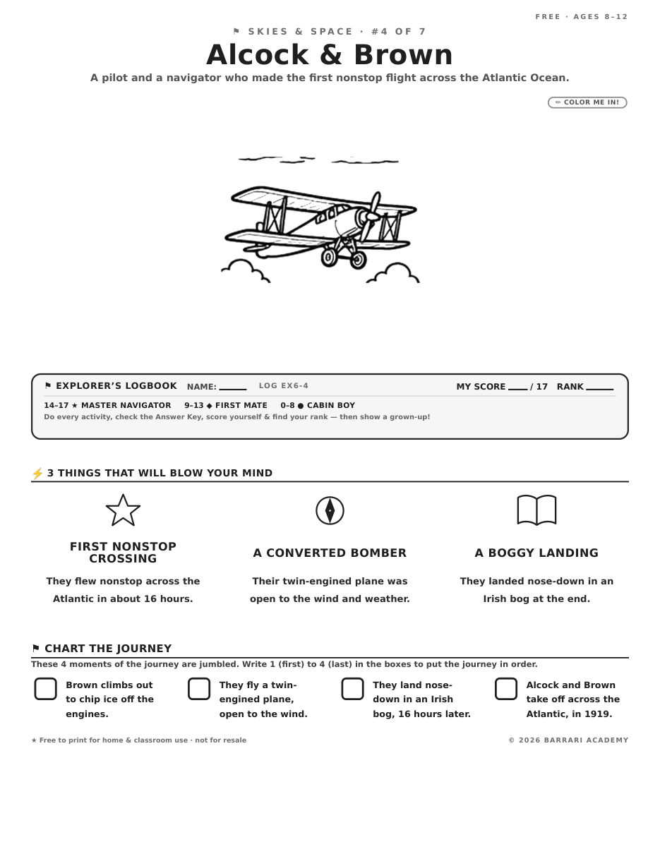 The free Alcock & Brown worksheet — fun facts and activities