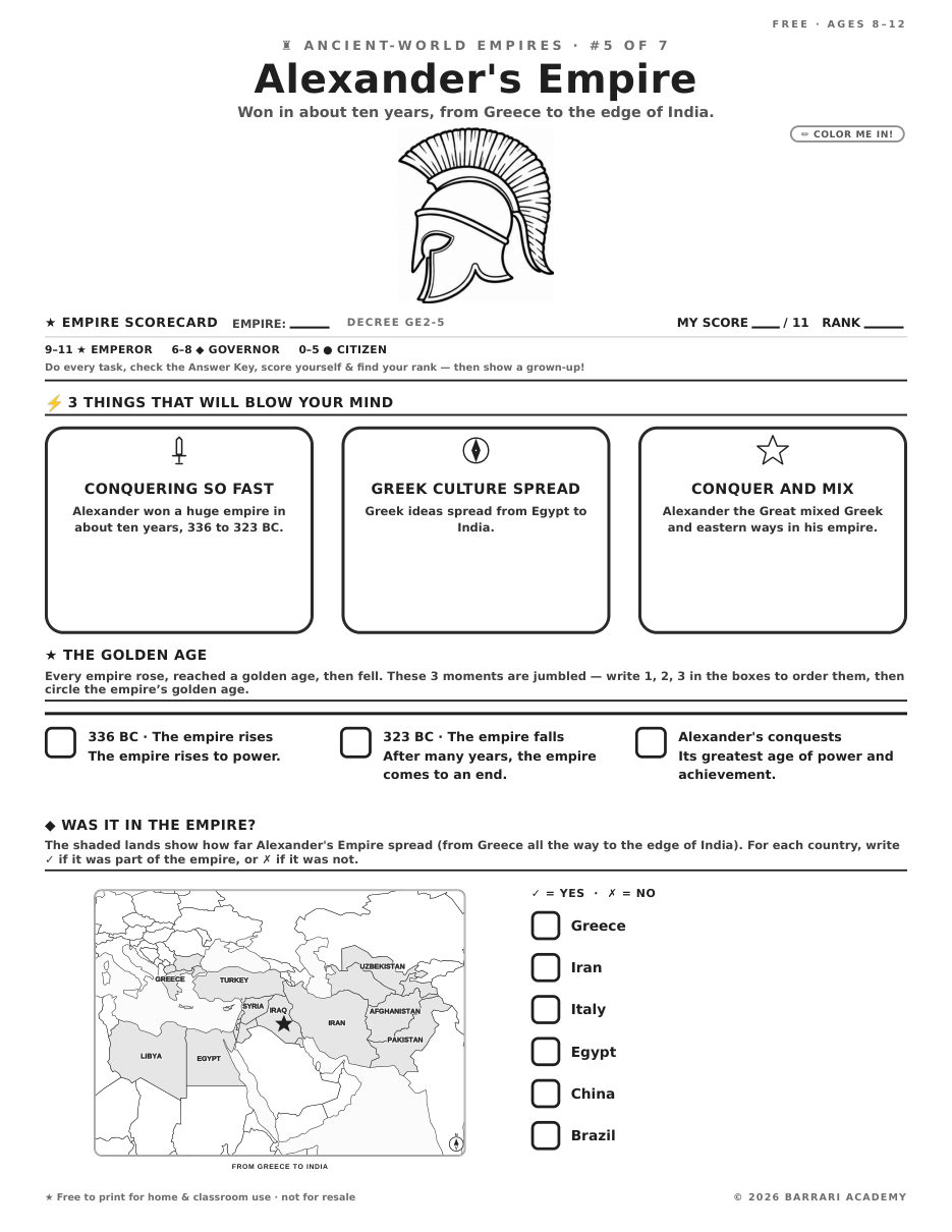 The free Alexander's Empire worksheet — fun facts and activities