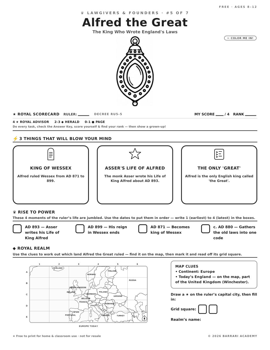 The free Alfred the Great worksheet — fun facts and activities