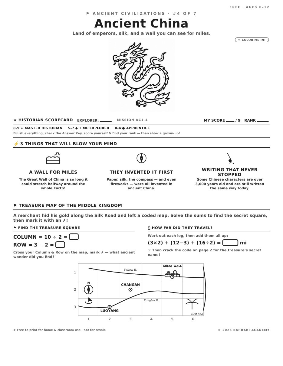 The free Ancient China worksheet — fun facts and activities