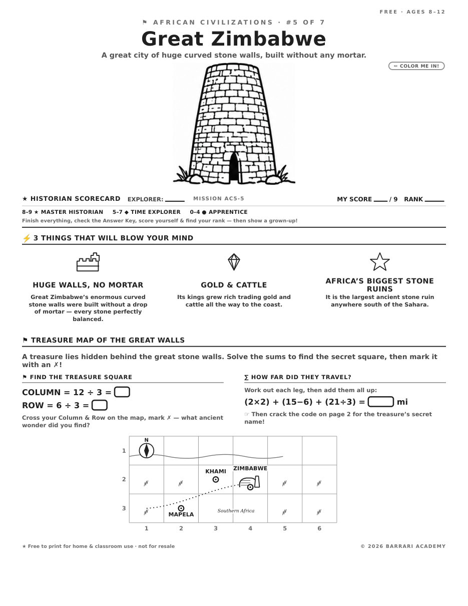 The free Great Zimbabwe worksheet — fun facts and activities