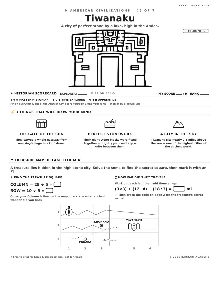The free Tiwanaku worksheet — fun facts and activities