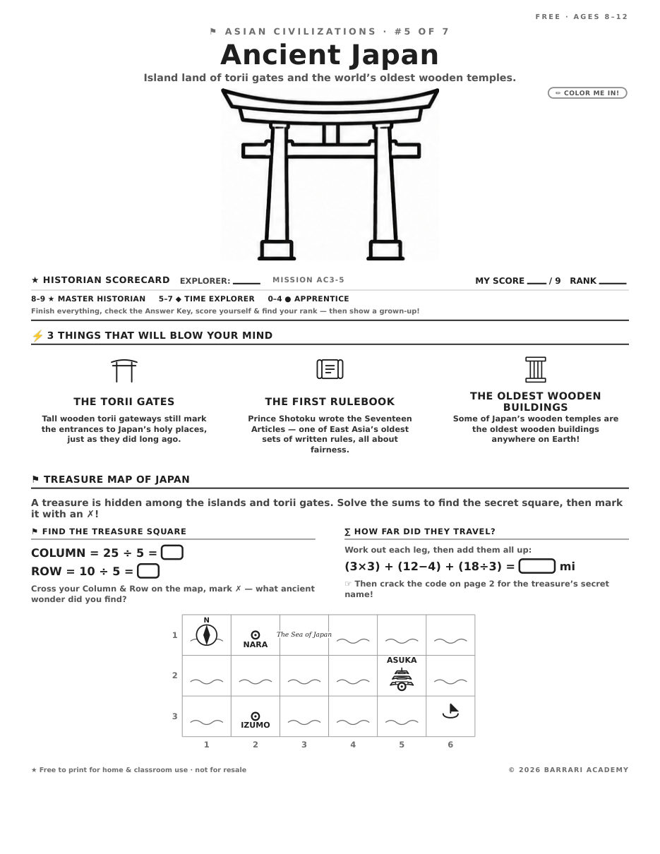 The free Ancient Japan worksheet — fun facts and activities