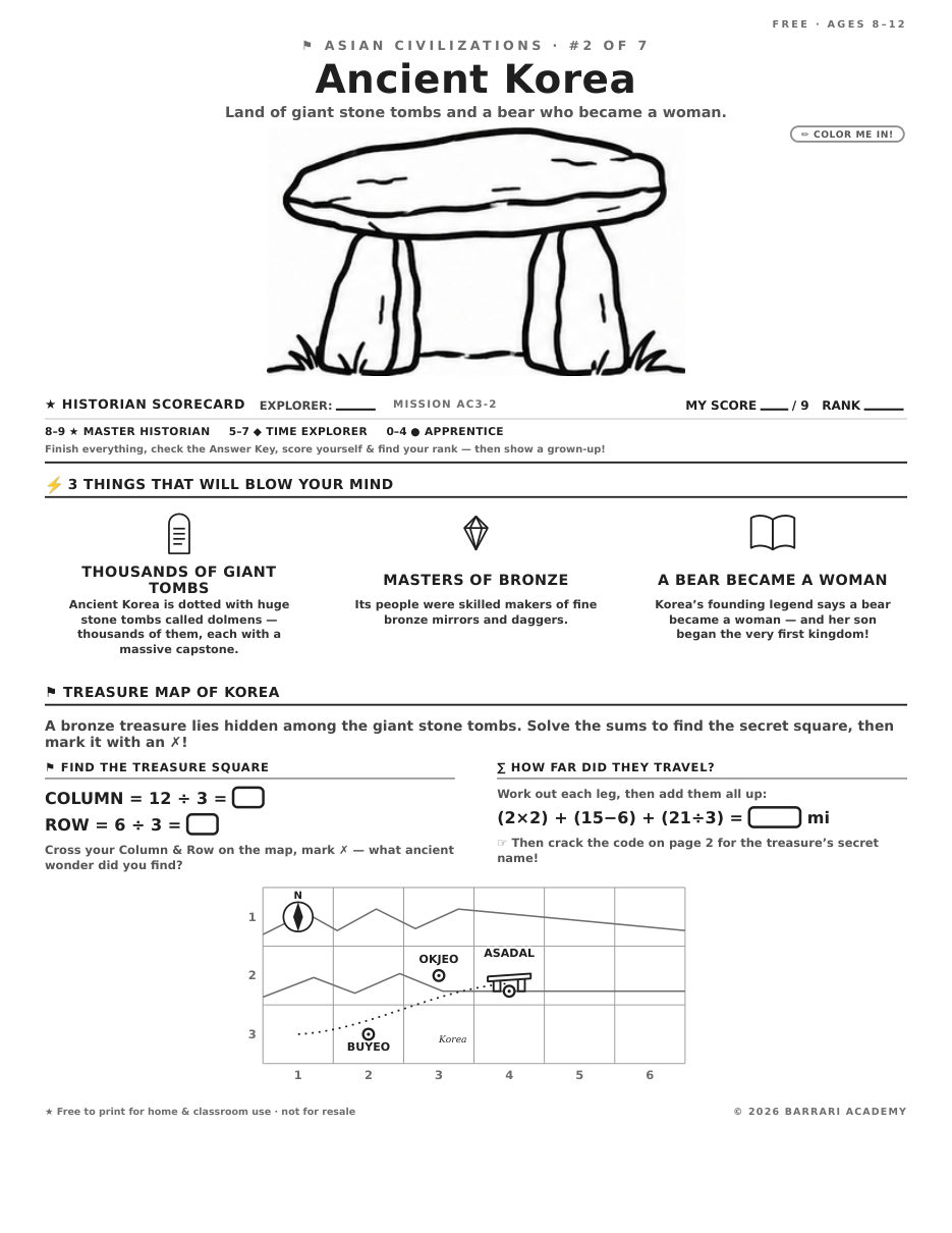 The free Ancient Korea worksheet — fun facts and activities