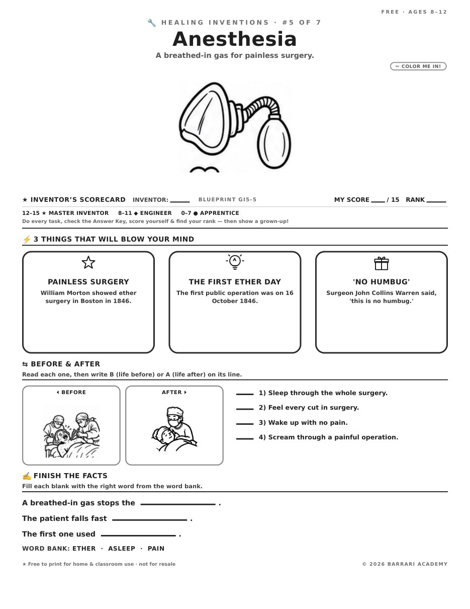 The free Anesthesia worksheet — fun facts and activities