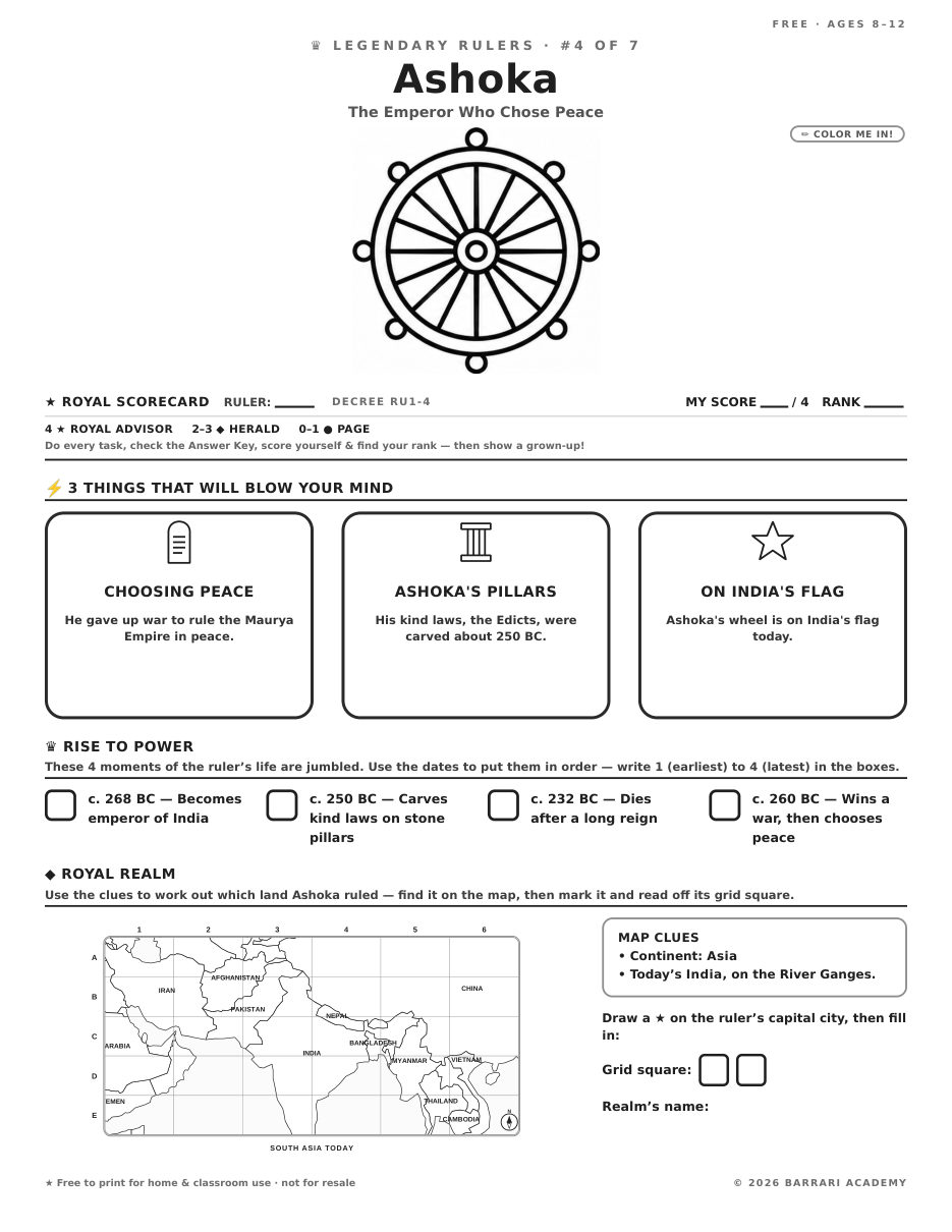 The free Ashoka worksheet — fun facts and activities
