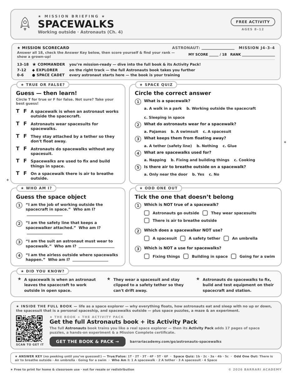 The free Spacewalks worksheet — fun facts and activities