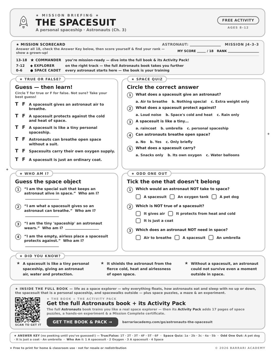 The free The Spacesuit worksheet — fun facts and activities