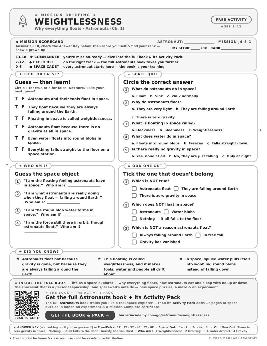 The free Weightlessness worksheet — fun facts and activities