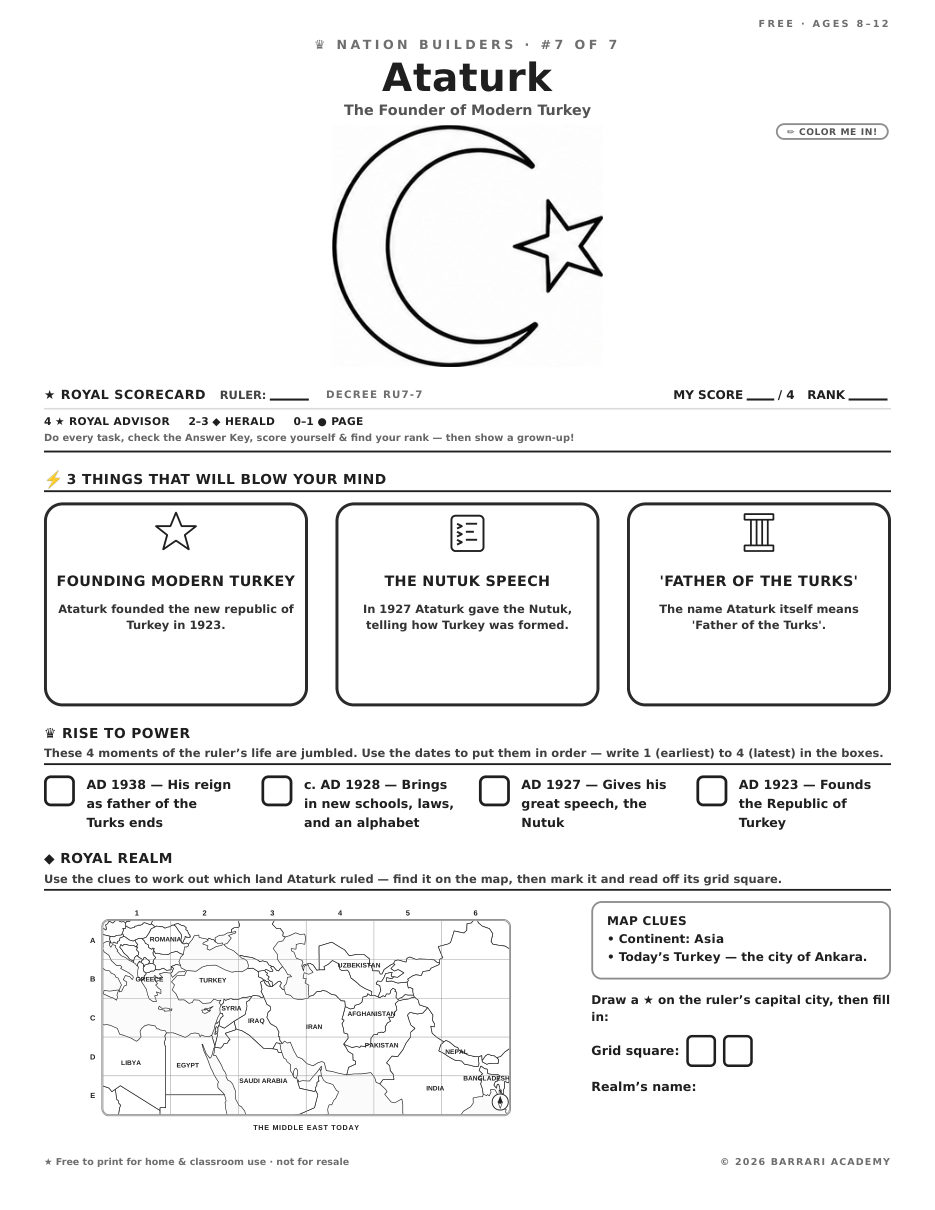 The free Ataturk worksheet — fun facts and activities