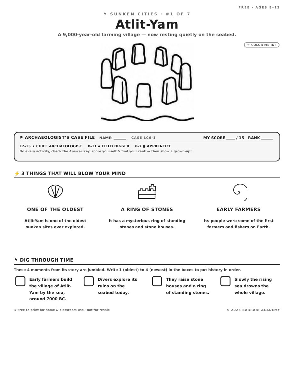 The free Atlit-Yam worksheet — fun facts and activities