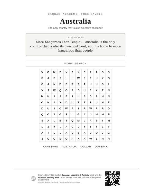 The free Australia worksheet — a fun fact and a word search