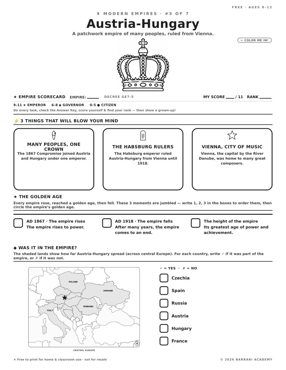 The free Austria-Hungary worksheet — fun facts and activities
