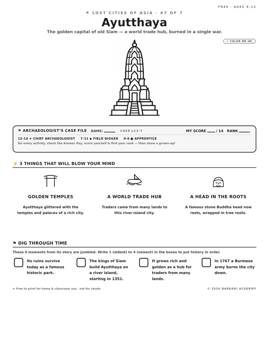 The free Ayutthaya worksheet — fun facts and activities