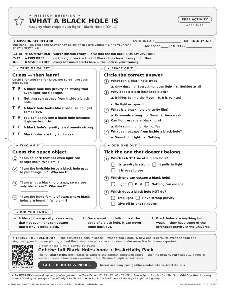 The free What a Black Hole Is worksheet — fun facts and activities