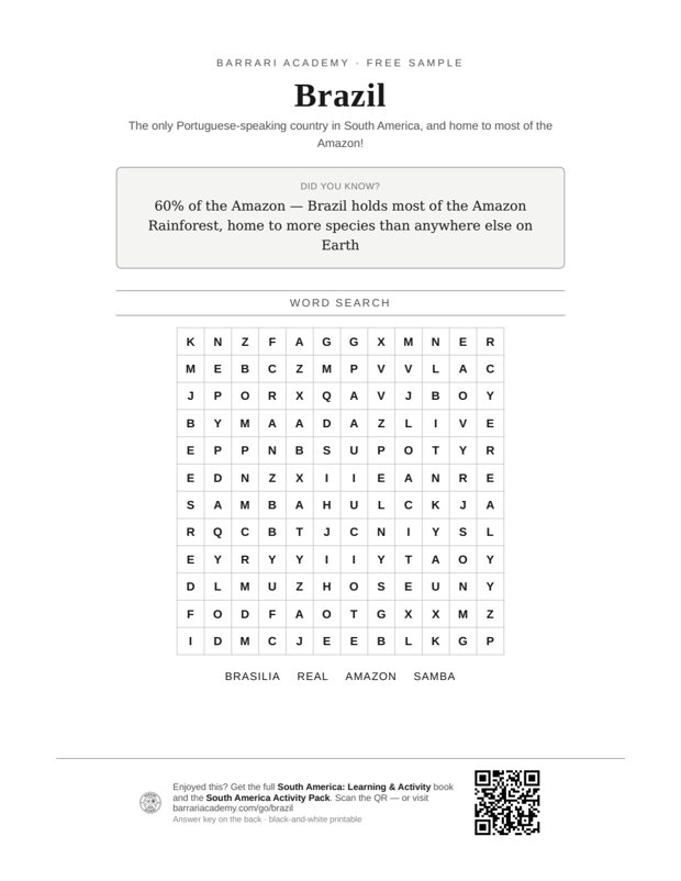 The free Brazil worksheet — a fun fact and a word search