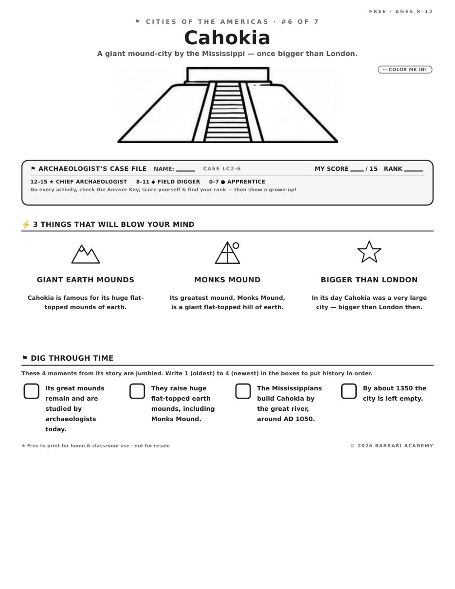 The free Cahokia worksheet — fun facts and activities