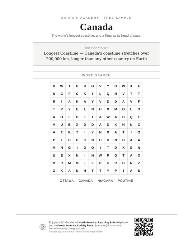 The free Canada worksheet — a fun fact and a word search