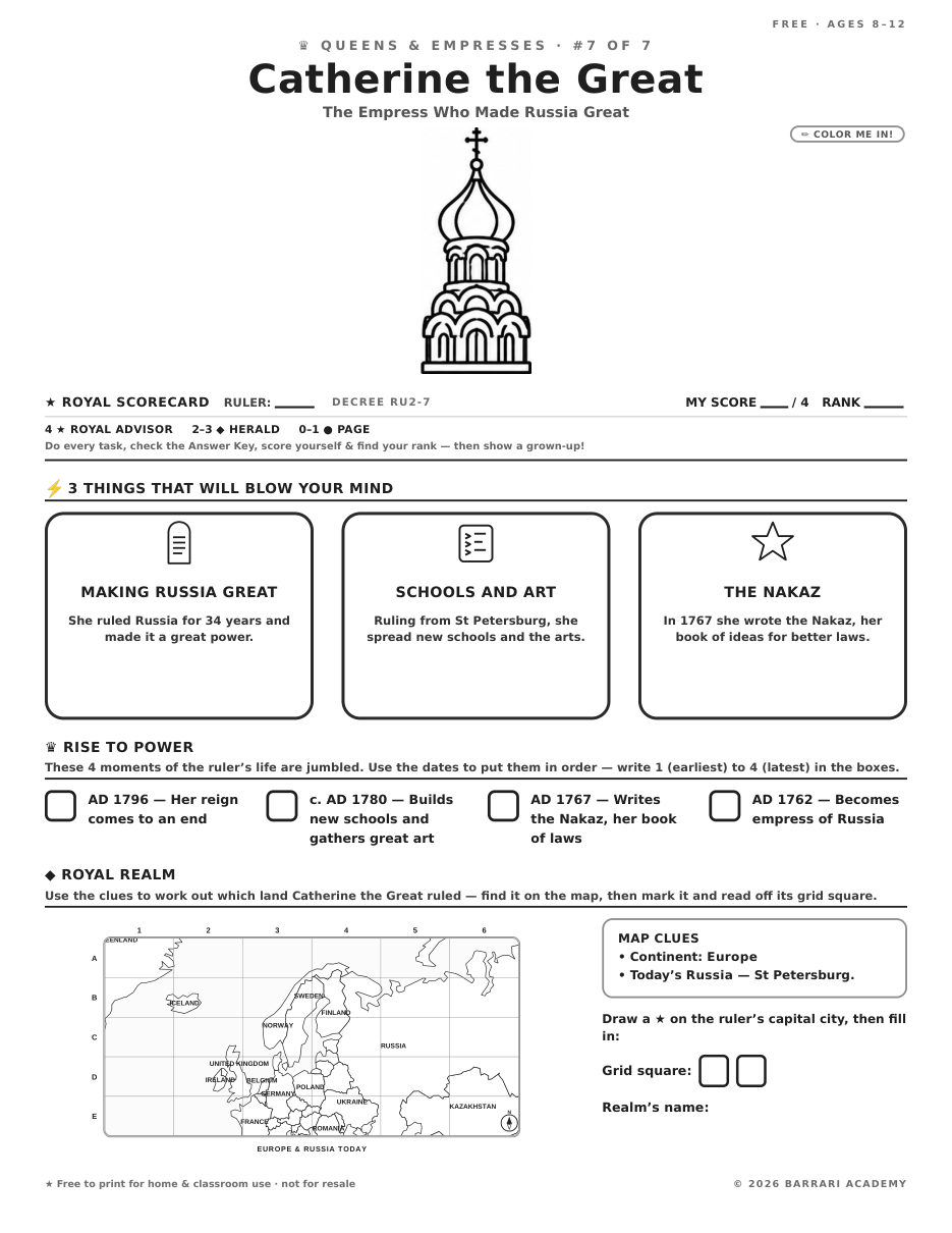 The free Catherine the Great worksheet — fun facts and activities
