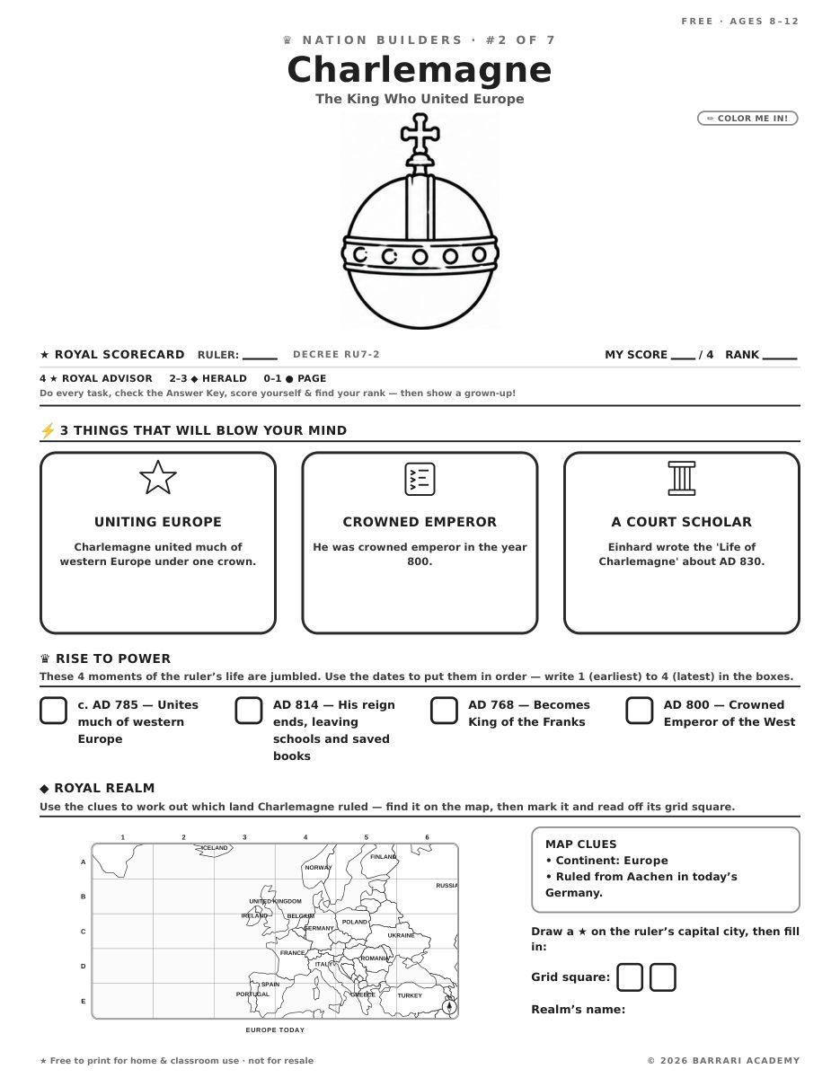 The free Charlemagne worksheet — fun facts and activities