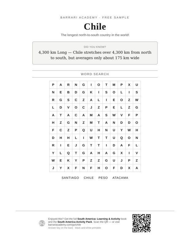The free Chile worksheet — a fun fact and a word search