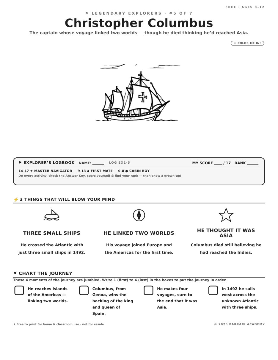 The free Christopher Columbus worksheet — fun facts and activities