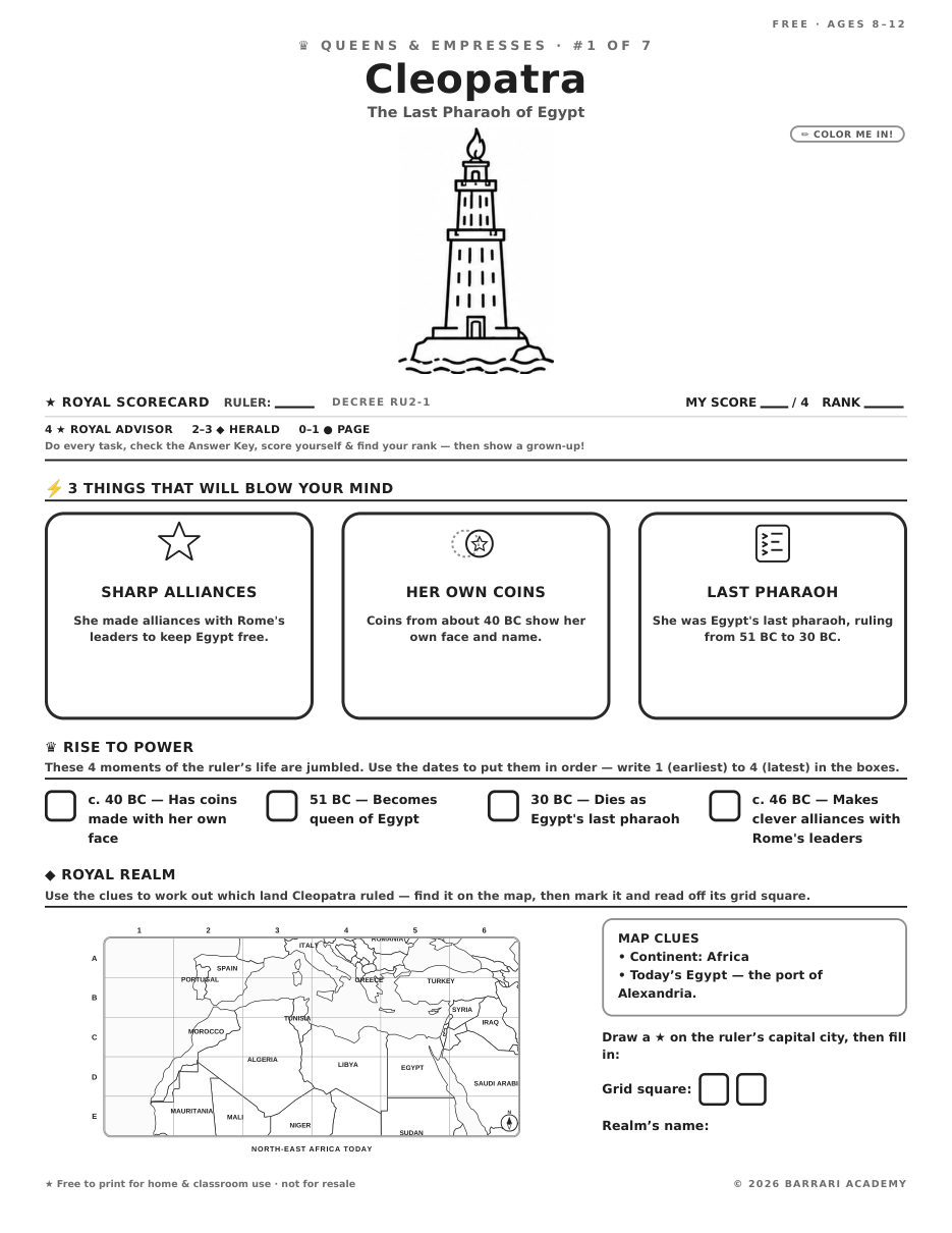 The free Cleopatra worksheet — fun facts and activities