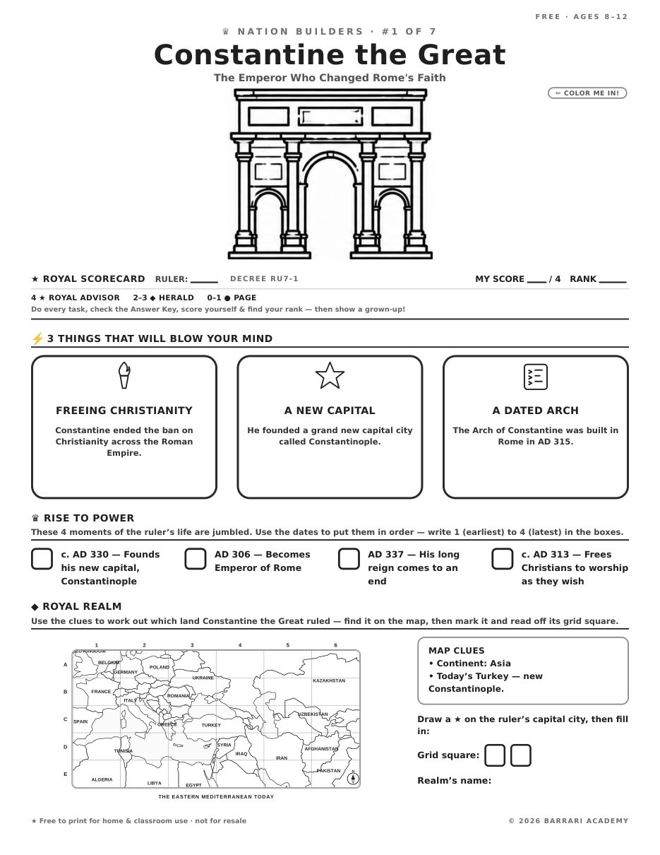 The free Constantine the Great worksheet — fun facts and activities