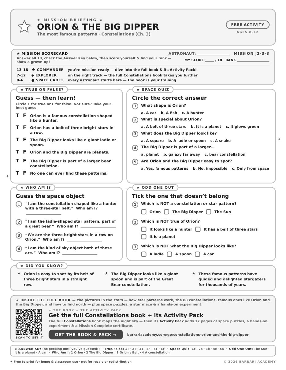 The free Orion and the Big Dipper worksheet — fun facts and activities
