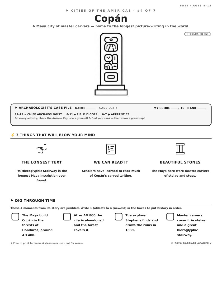 The free Copán worksheet — fun facts and activities