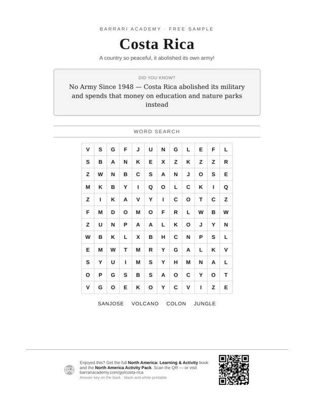 The free Costa Rica worksheet — a fun fact and a word search