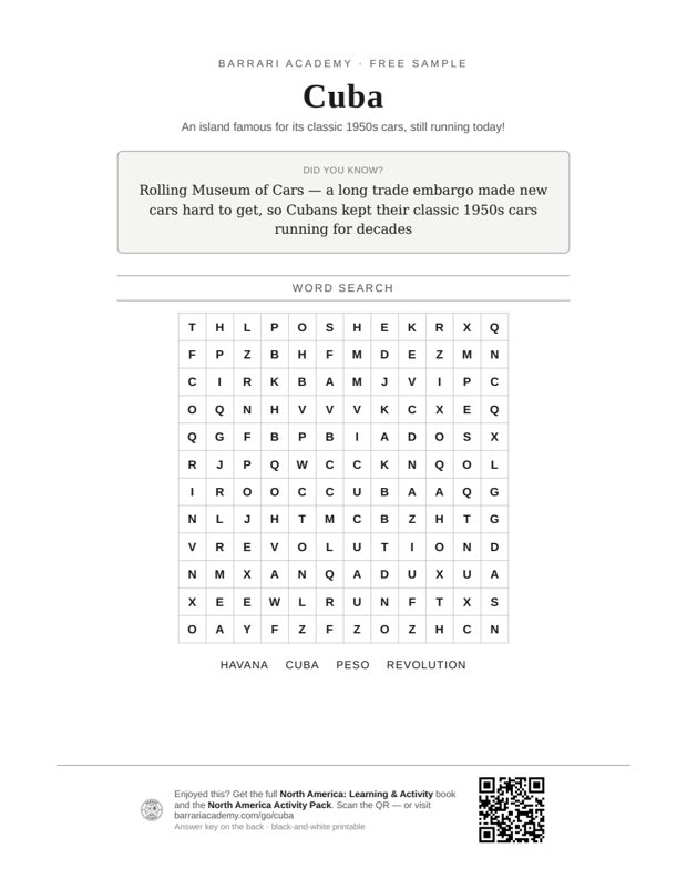 The free Cuba worksheet — a fun fact and a word search