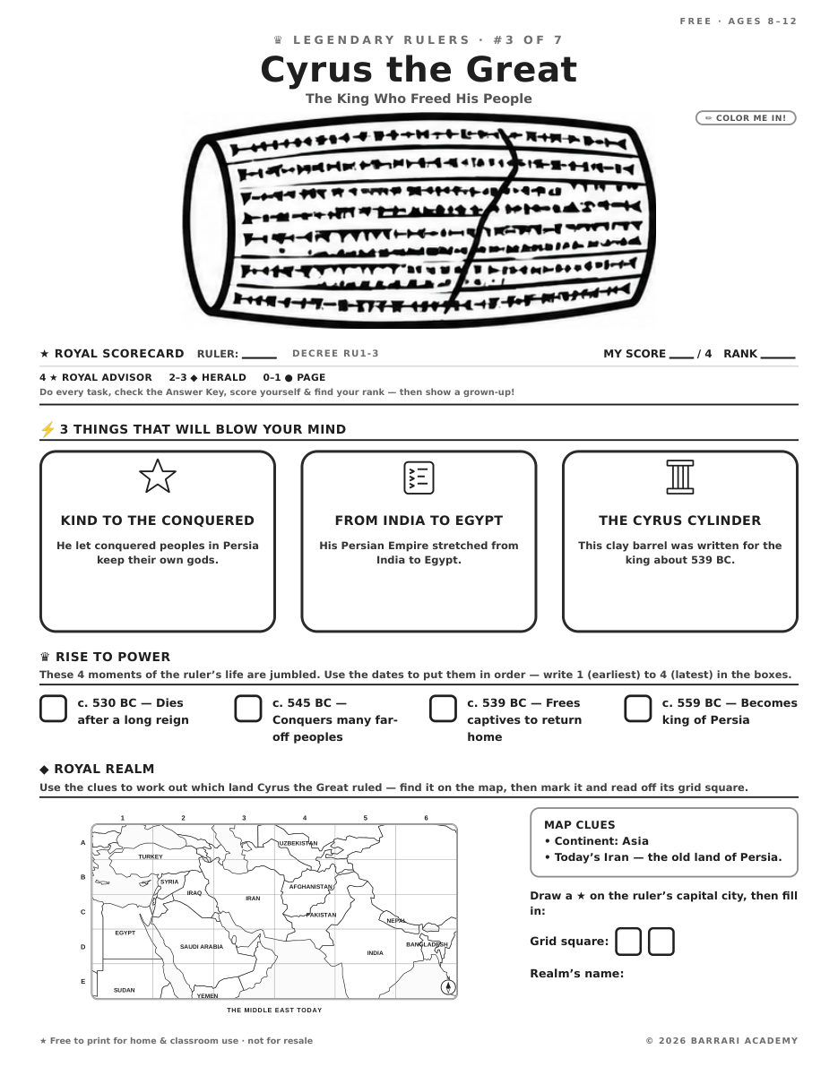 The free Cyrus the Great worksheet — fun facts and activities