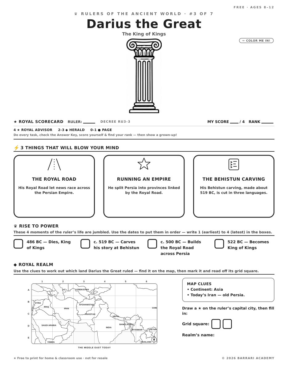 The free Darius the Great worksheet — fun facts and activities