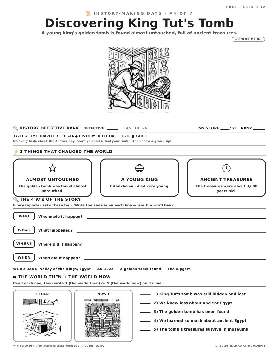 The free Discovering King Tut's Tomb worksheet — fun facts and activities