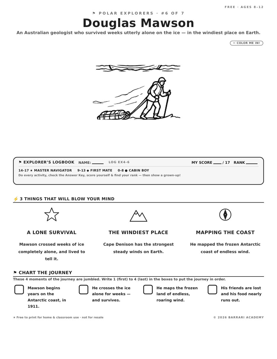 The free Douglas Mawson worksheet — fun facts and activities