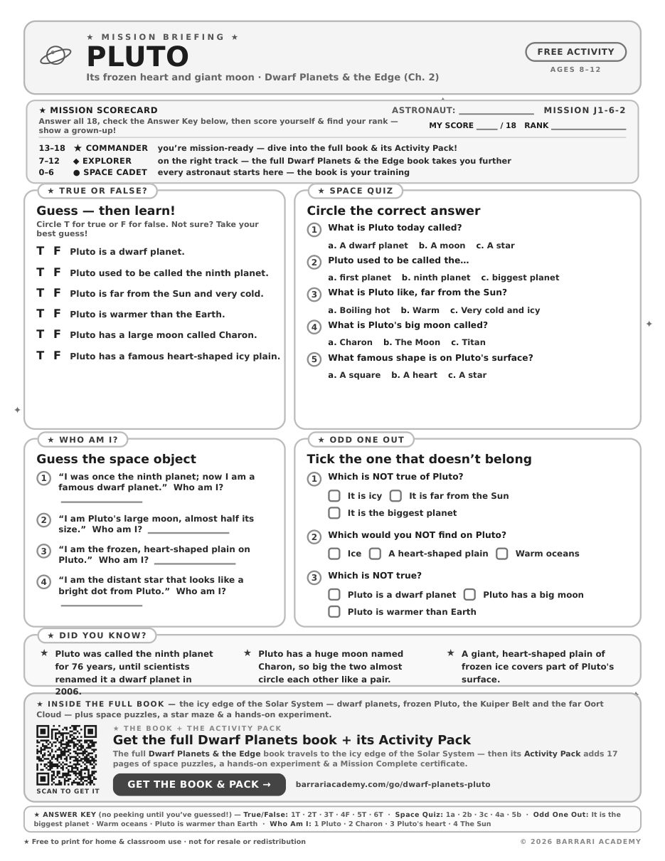 The free Pluto worksheet — fun facts and activities