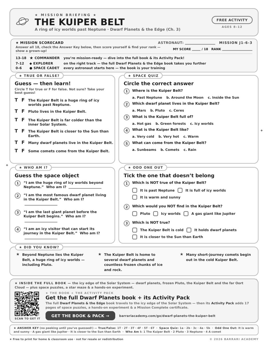 The free The Kuiper Belt worksheet — fun facts and activities