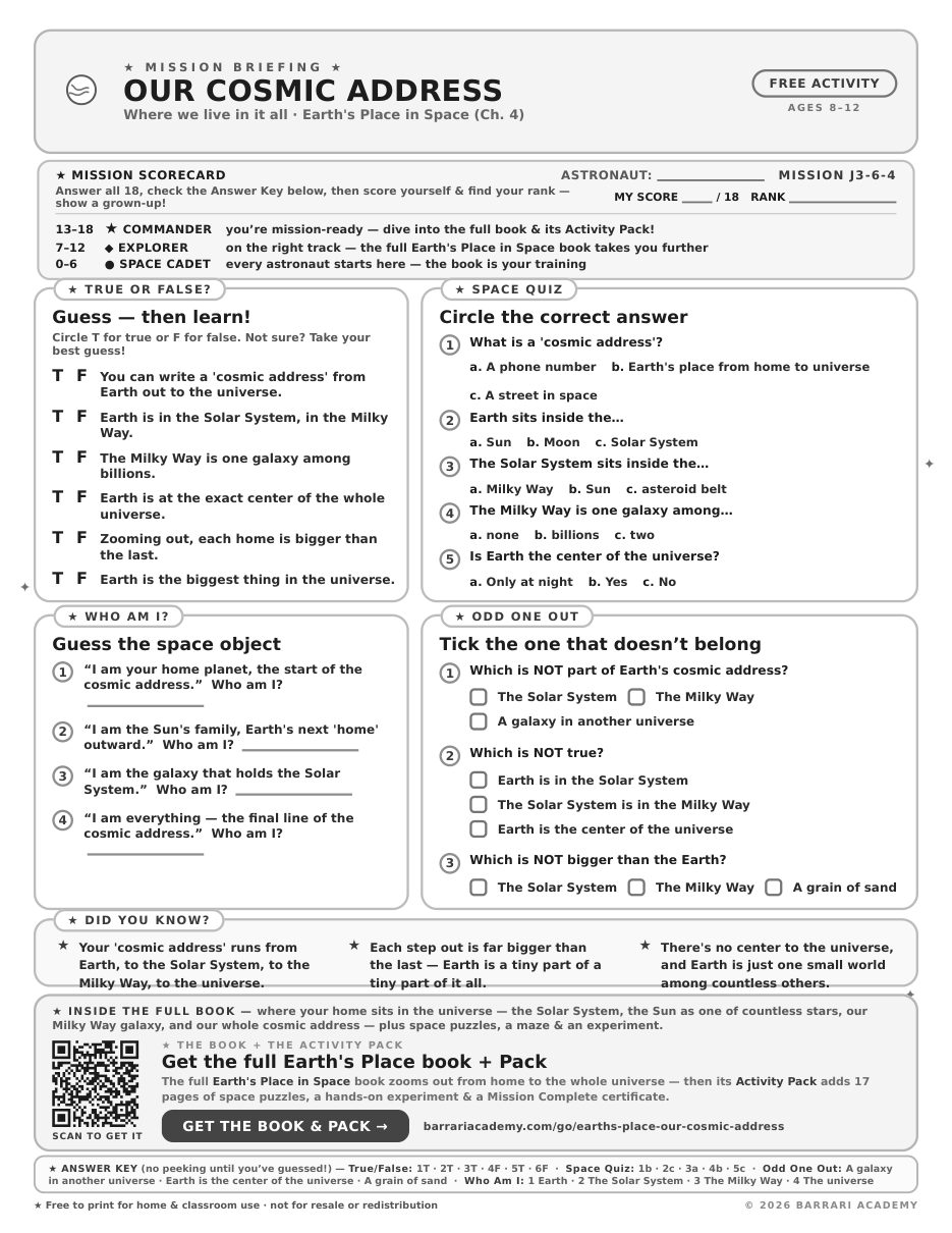 The free Our Cosmic Address worksheet — fun facts and activities