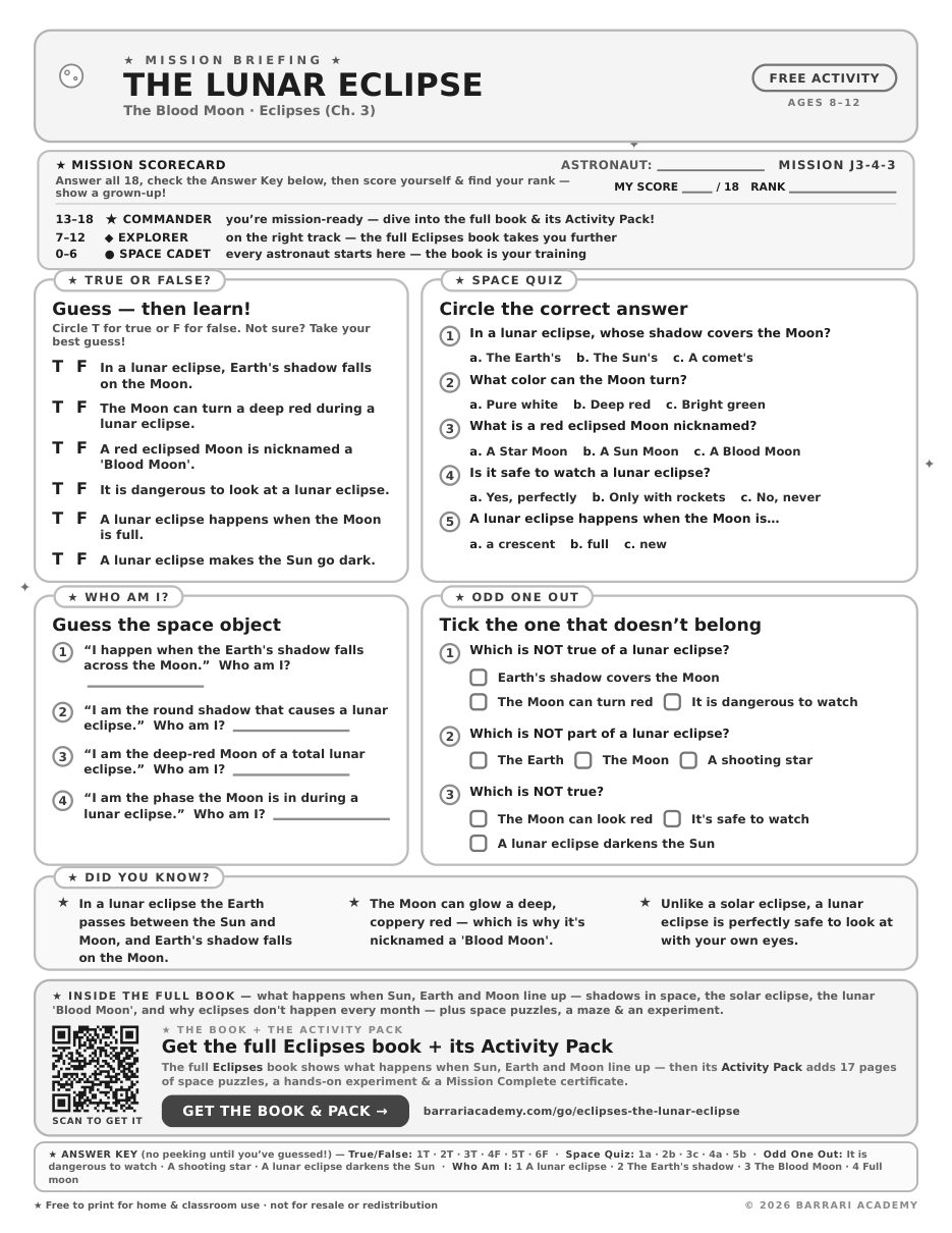 The free The Lunar Eclipse worksheet — fun facts and activities