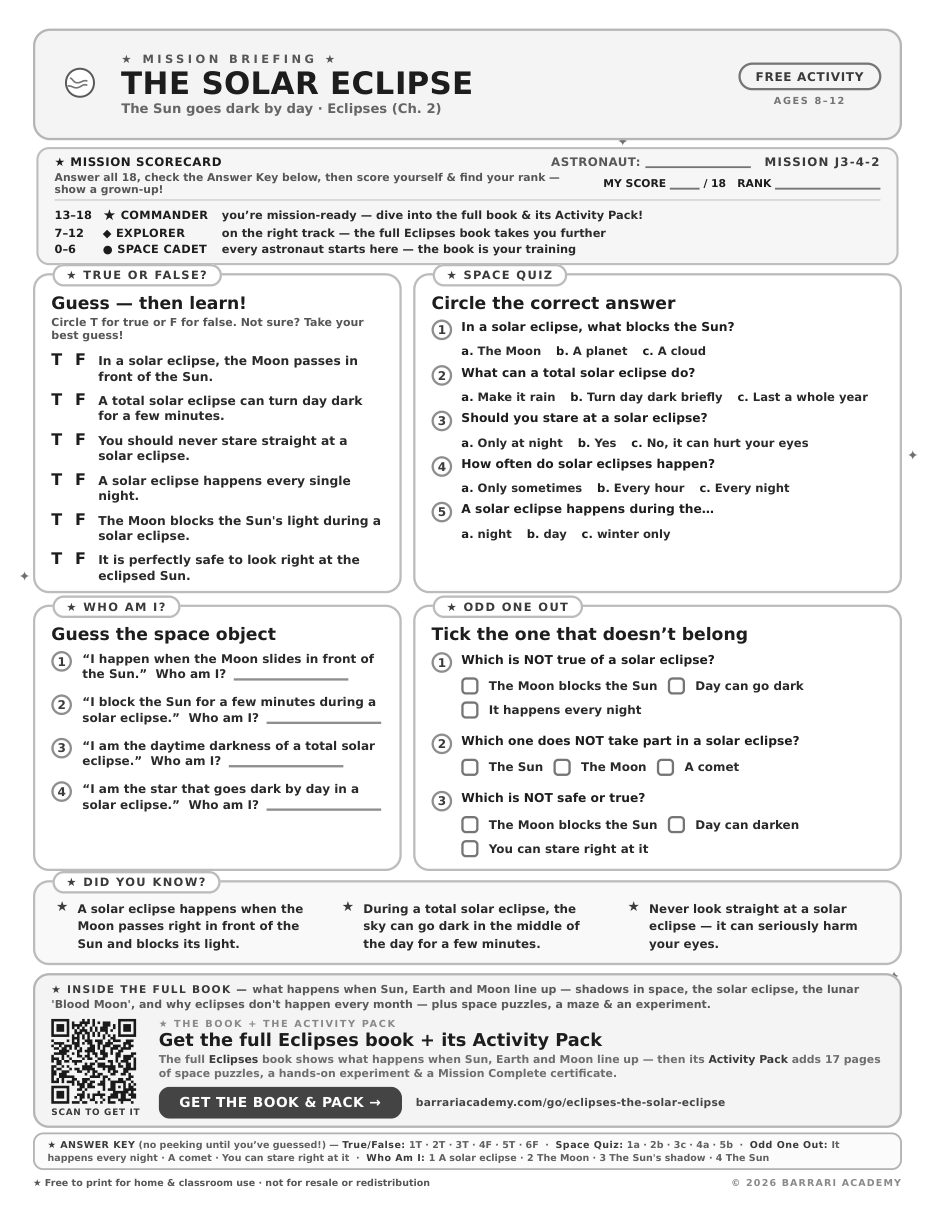 The free The Solar Eclipse worksheet — fun facts and activities