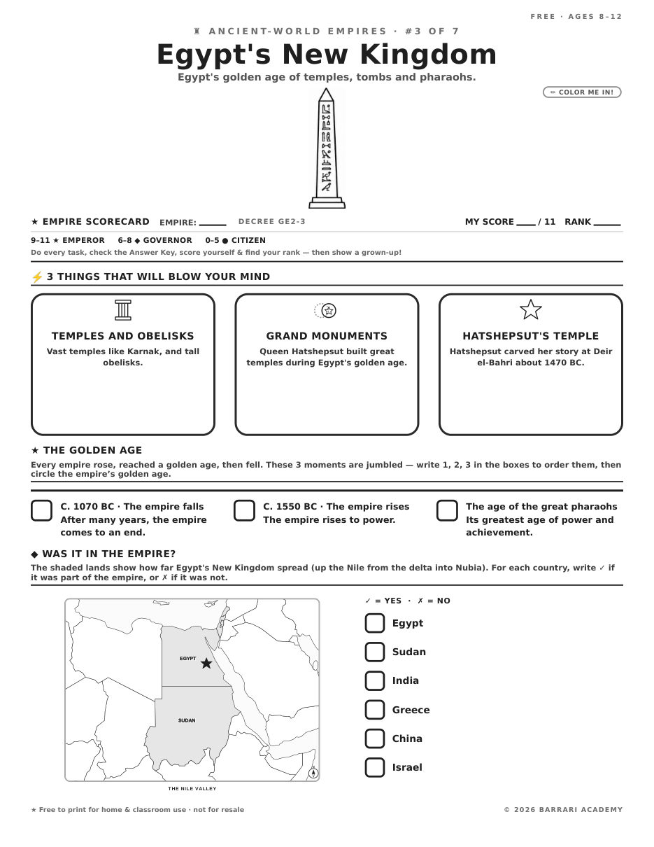 The free Egypt's New Kingdom worksheet — fun facts and activities