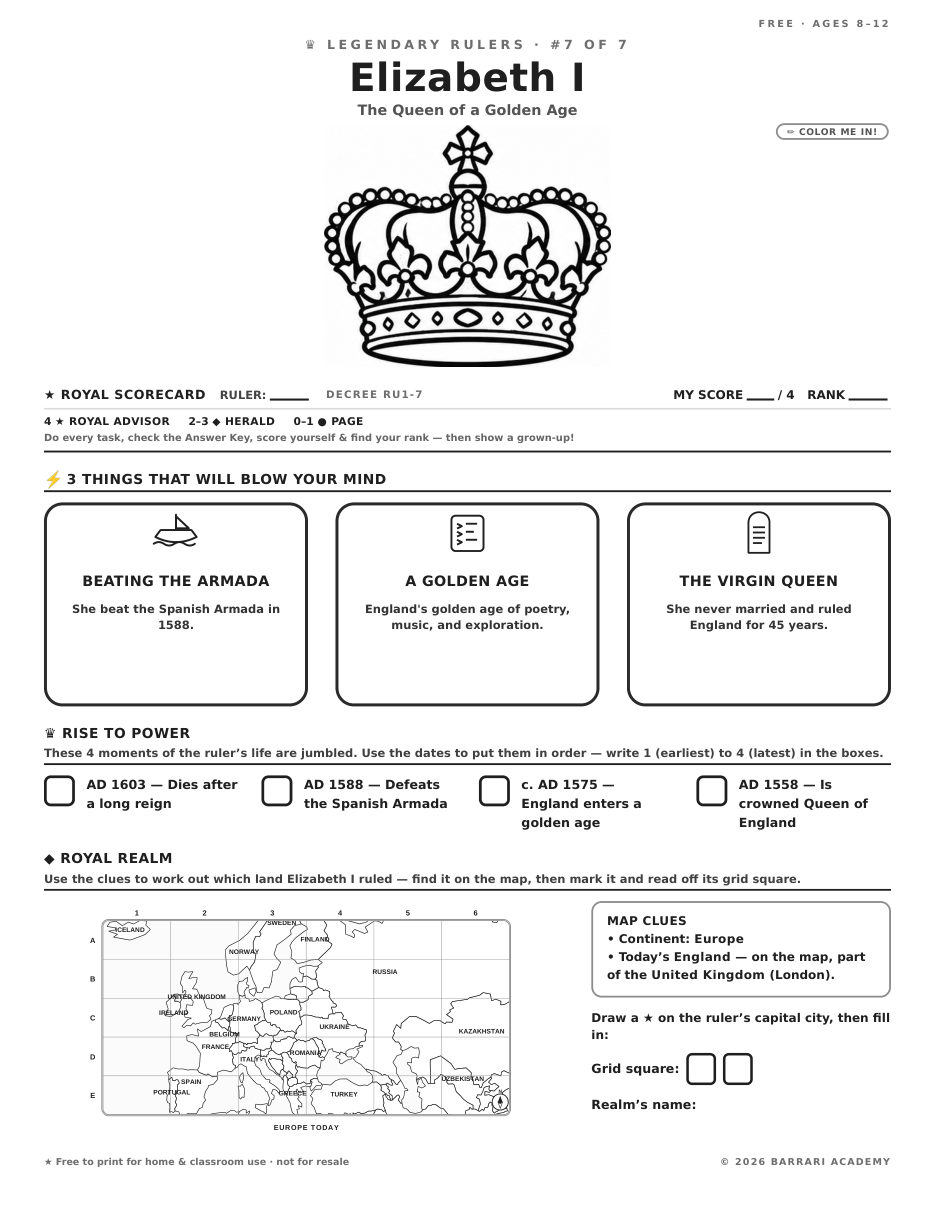 The free Elizabeth I worksheet — fun facts and activities