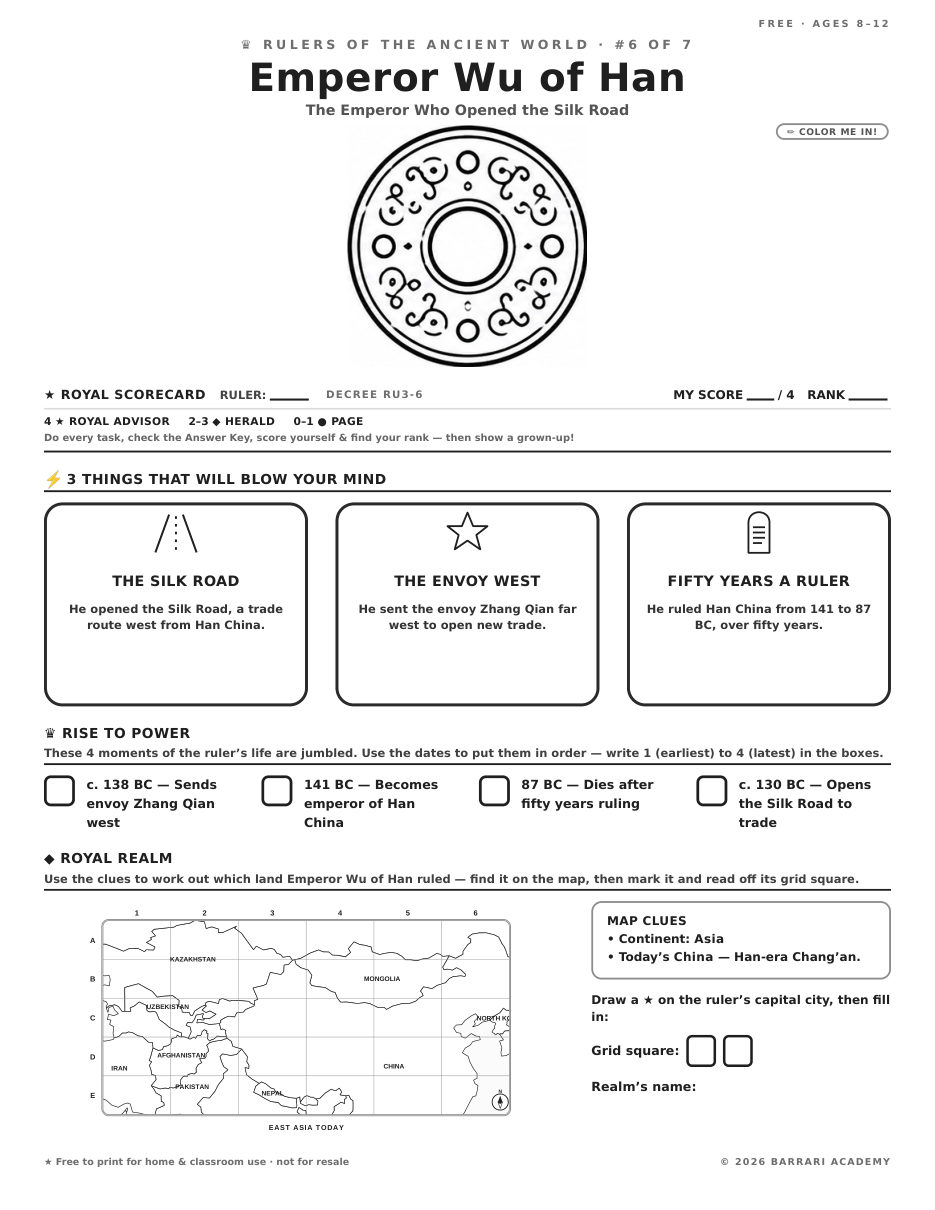 The free Emperor Wu of Han worksheet — fun facts and activities