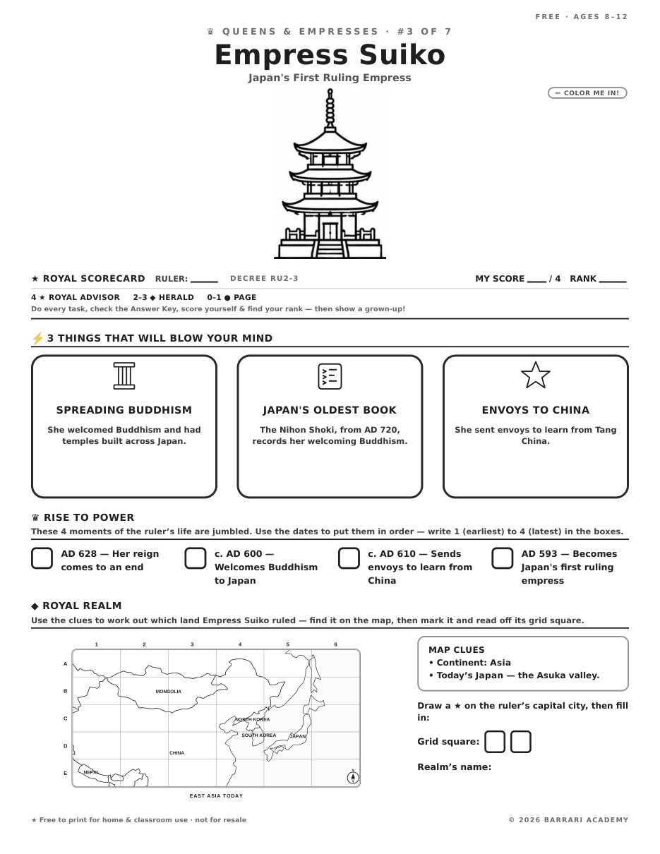 The free Empress Suiko worksheet — fun facts and activities