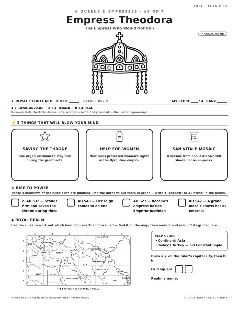 The free Empress Theodora worksheet — fun facts and activities