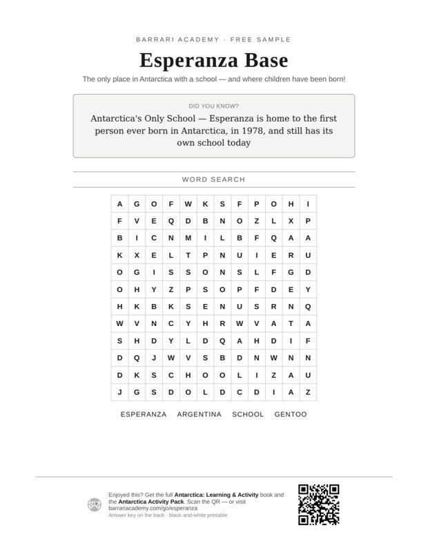 The free Esperanza Base worksheet — a fun fact and a word search
