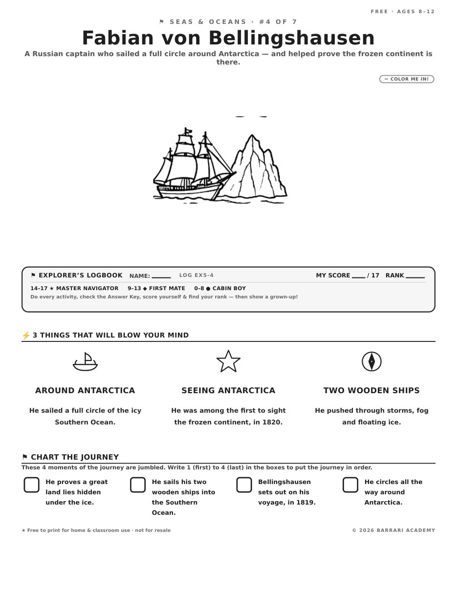 The free Fabian von Bellingshausen worksheet — fun facts and activities